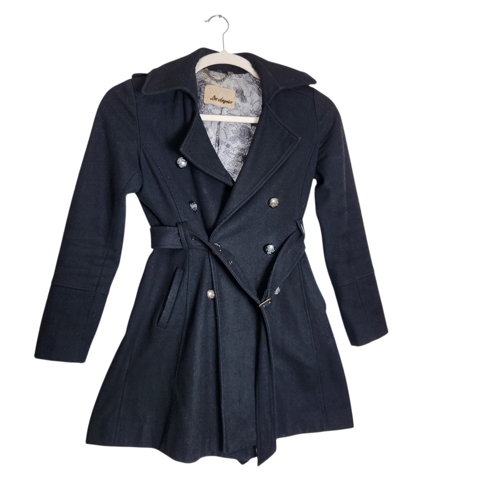 Guess Los Angeles Black Wool Blend Double Breasted Trench Coat Belted XS